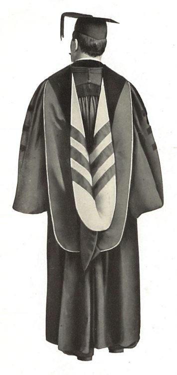 A photograph from a c.1905 Cotrell & Leonard catalogue that has been altered to illustrate a doctoral hood with a lining pattern that uses three chevrons.