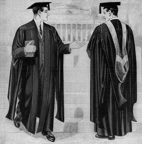 An illustration of a master's degree hood with a heraldic pattern of this type in a 1932 E.R. Moore catalogue.