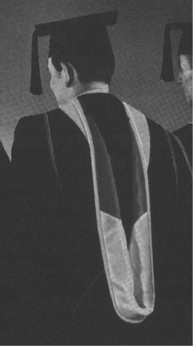 A photograph of a master's hood lined with two colors divided per chevron from a 1939 E.R. Moore catalogue by Helen Walters entitled The Story of Caps and Gowns.