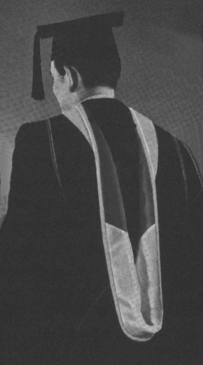 A photograph of a master's hood lined with two colors divided per chevron from a 1939 E.R. Moore catalogue by Helen Walters entitled The Story of Caps and Gowns.