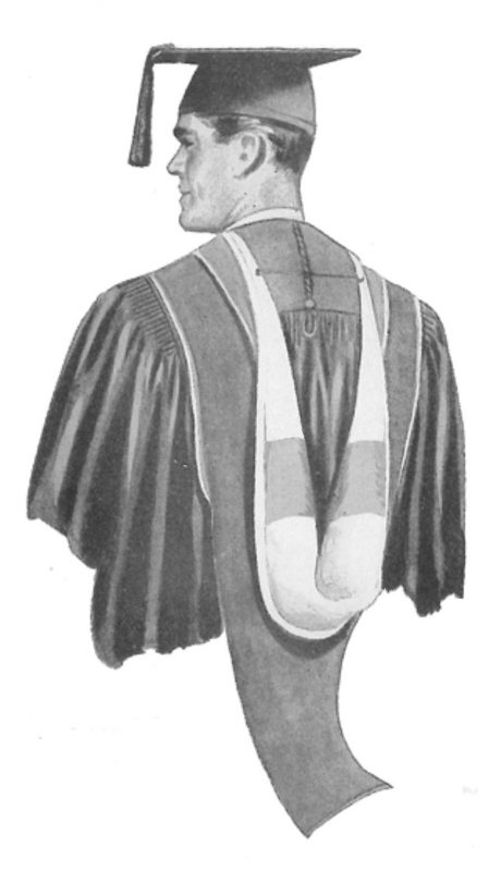 A painting from a 1958 Bentley & Simon brochure that has been modified to illustrate how a bachelor's hood with this type of lining pattern would have appeared.