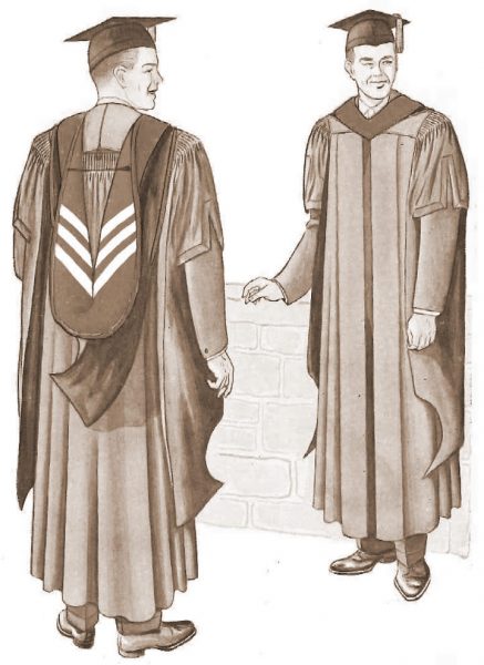 An illustration from a c.1965 Cotrell & Leonard catalogue that has been altered to depict a master's hood lined with three chevrons.