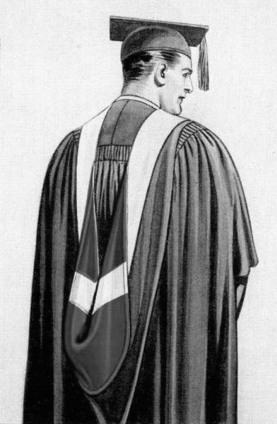 A painting of a master's hood from a c.1935 Collegiate Cap & Gown Company brochure.