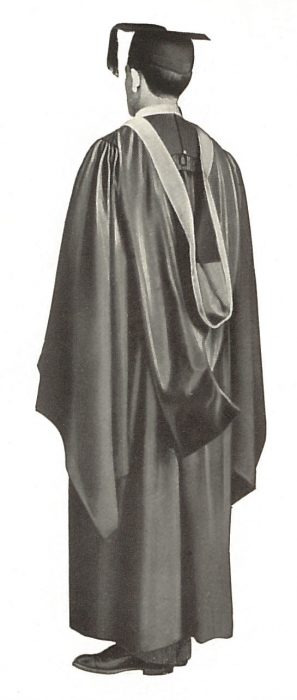 A photograph from a c.1905 Cotrell & Leonard catalogue that has been altered to illustrate a bachelor's hood lined with two colors divided per bar.