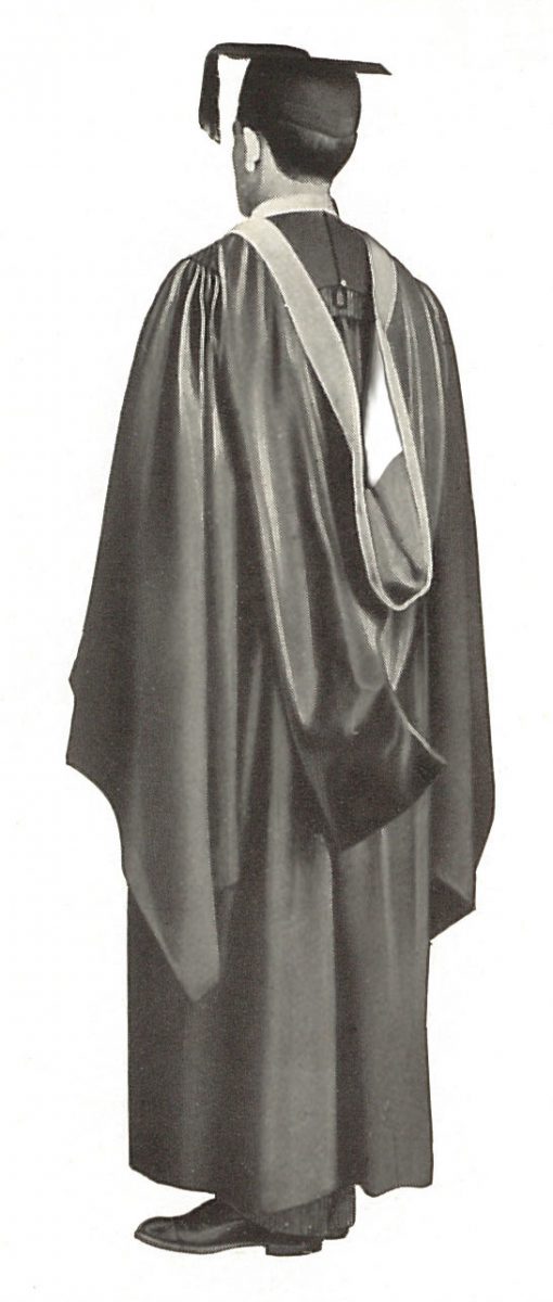 A photograph from a c.1905 Cotrell & Leonard catalogue that has been altered to illustrate a bachelor's hood lined with two colors divided per chevron.