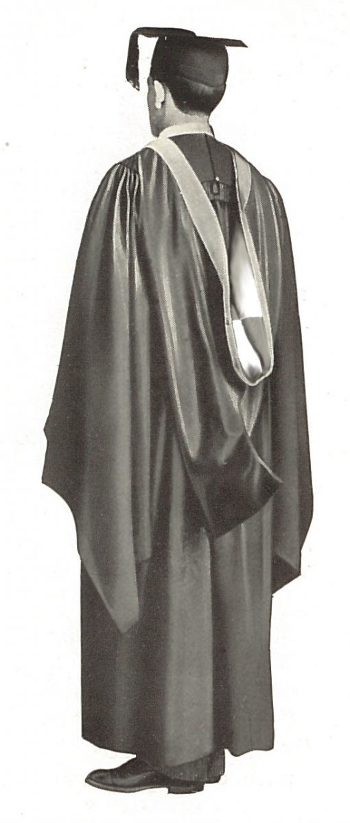 A photograph from a c.1905 Cotrell & Leonard catalogue that has been altered to illustrate a bachelor's hood lined with two colors divided per cross.