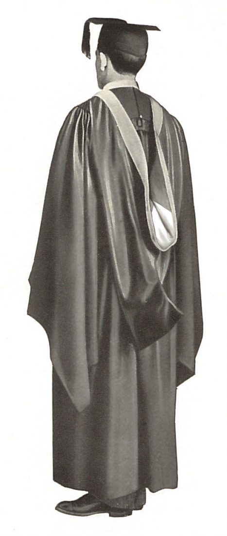 A photograph from a c.1905 Cotrell & Leonard catalogue that has been altered to illustrate a bachelor's hood lined with two colors divided per reversed chevron.
