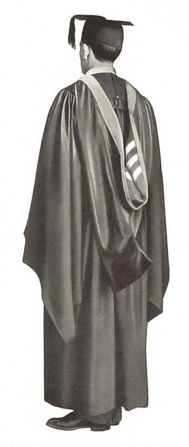 A photograph from a c.1905 Cotrell & Leonard catalogue that has been altered to illustrate a bachelor's hood lined with three chevrons.