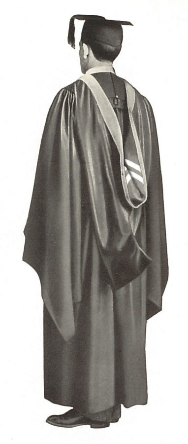 A photograph from a c.1905 Cotrell & Leonard catalogue that has been altered to illustrate a bachelor's hood lined with two reversed chevrons.