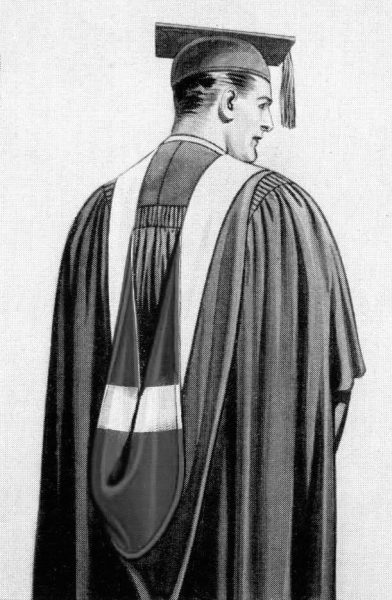 A painting from a c.1935 Collegiate Cap & Gown Company brochure that has been altered to illustrate a master's hood lined with a heraldic bar (what the Intercollegiate Bureau called a "zone").