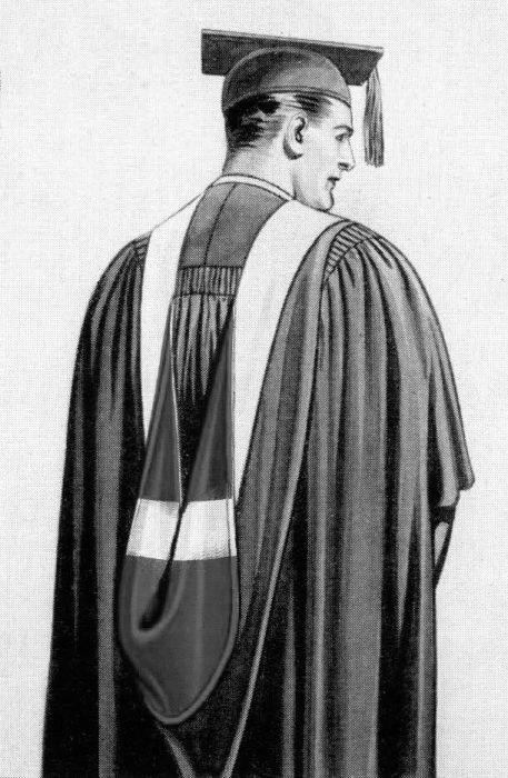 A painting from a c.1935 Collegiate Cap & Gown Company brochure that has been altered to illustrate a master's hood lined with a heraldic bar (what the Intercollegiate Bureau called a "zone").