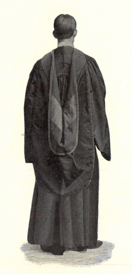 A doctoral hood lining with a single chevron in a Cotrell & Leonard catalogue from 1898.