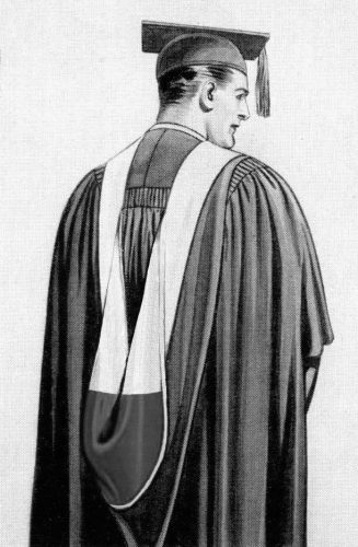 A painting from a c.1935 Collegiate Cap & Gown Company brochure that has been altered to illustrate a master's hood lined with two colors divided per bar.