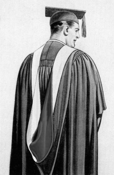 A painting from a c.1935 Collegiate Cap & Gown Company brochure that has been altered to illustrate a master's hood lined with two colors divided per pale.