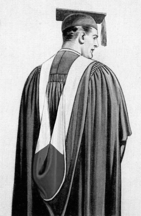A painting from a c.1935 Collegiate Cap & Gown Company brochure that has been altered to illustrate a master's hood lined with two colors divided per reversed chevron.