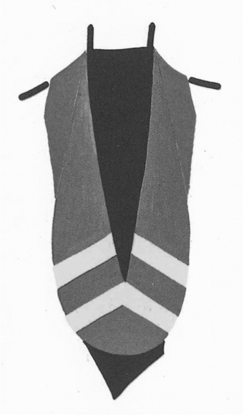 A diagram illustrating a hood lined with a reversed double chevron from Academic Heraldry in America (1962) by Kevin Sheard.