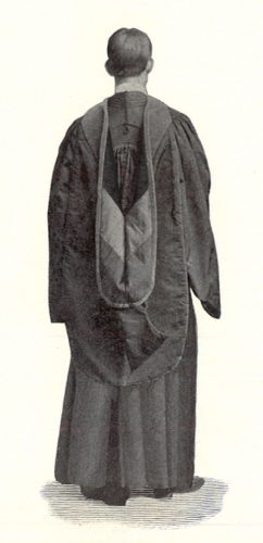 A photograph of a doctoral hood in a Cotrell & Leonard catalogue from 1898 that has been altered to depict a hood lined with three colors divided by a chevron.