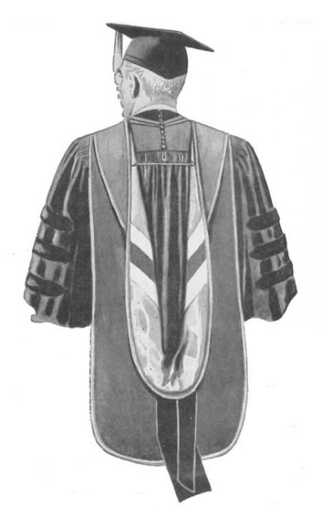 A painting from a 1958 Bentley & Simon brochure that has been modified to illustrate a doctoral hood lined with a tri-chevron pattern of this type.