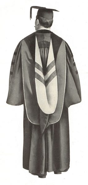 A photograph from a c.1905 Cotrell & Leonard catalogue that has been altered to illustrate a doctoral hood lined with two chevrons.