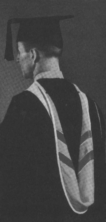 A photograph of a bachelor's hood lined with two chevrons from a 1939 E.R. Moore catalogue by Helen Walters entitled The Story of Caps and Gowns.
