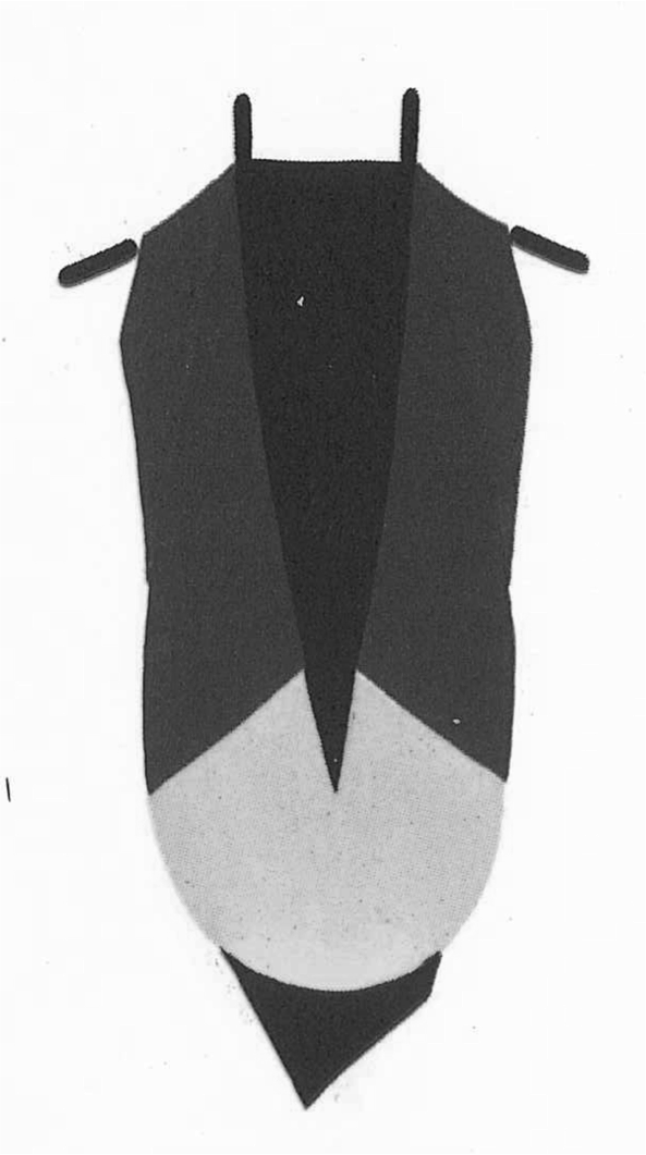 A diagram from Kevin Sheard's Academic Heraldry in America (1962) illustrating a hood with two colors divided per reversed chevron.