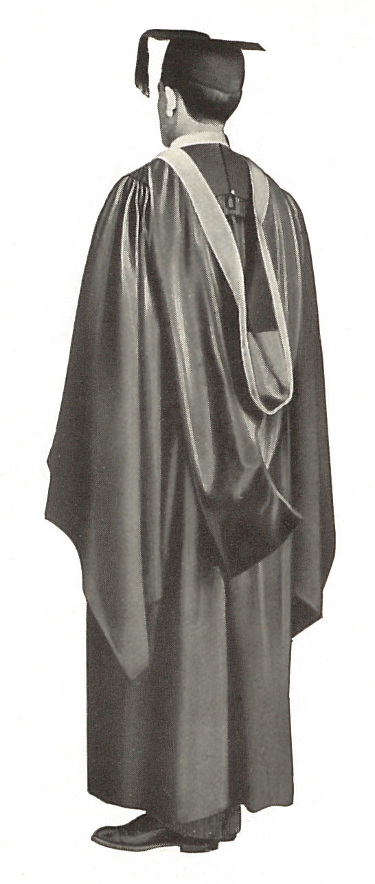 bachelor hood per bar A photograph from a c.1905 Cotrell & Leonard catalogue that has been altered to illustrate a bachelor's hood lined with two colors divided per bar.